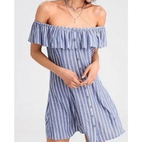 American Eagle woven and ruffled off the shoulder blue and white striped dress - Picture 1 of 7